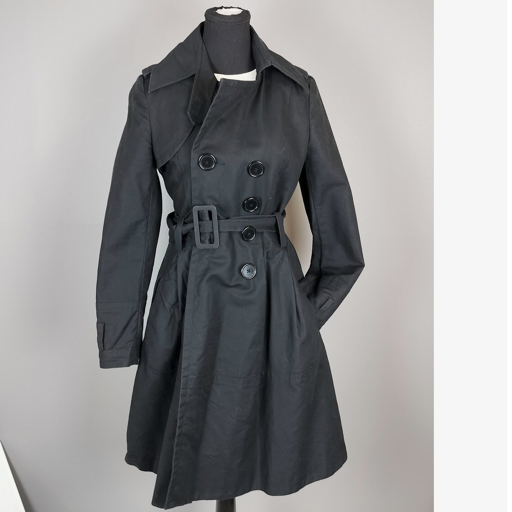 Mexx Double Breasted Cotton Trench Coat Womens 36 Black‎ Belted Convertible